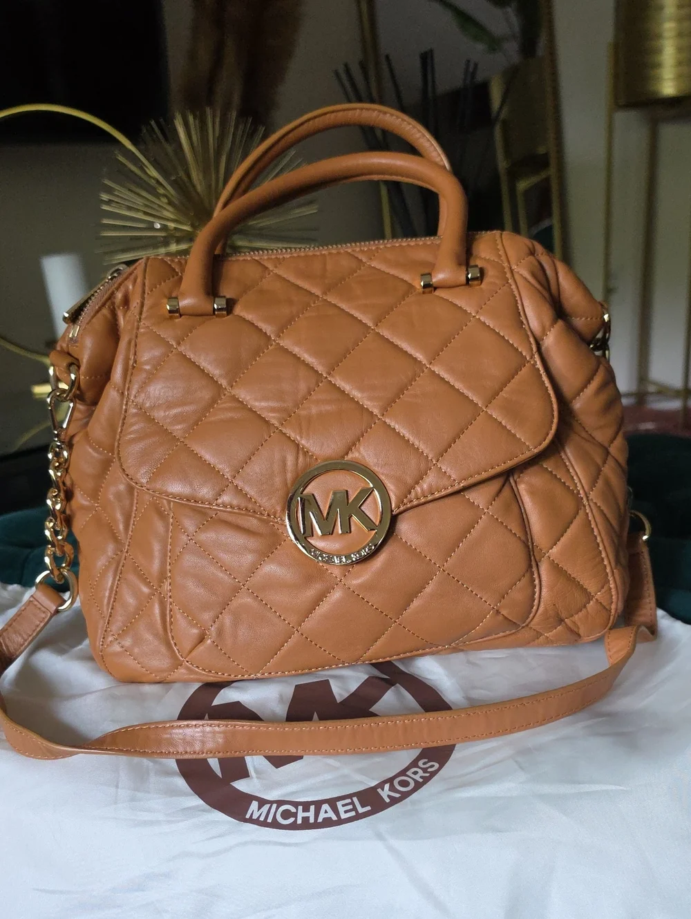 Michael Kors Quilted Satchel in Cognac Tan with Gold Hardware.